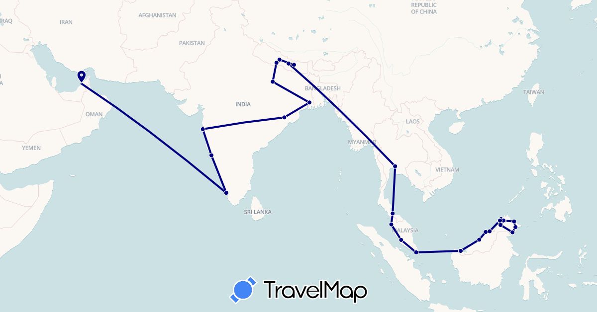 TravelMap itinerary: driving in United Arab Emirates, Brunei, India, Malaysia, Nepal, Singapore, Thailand (Asia)